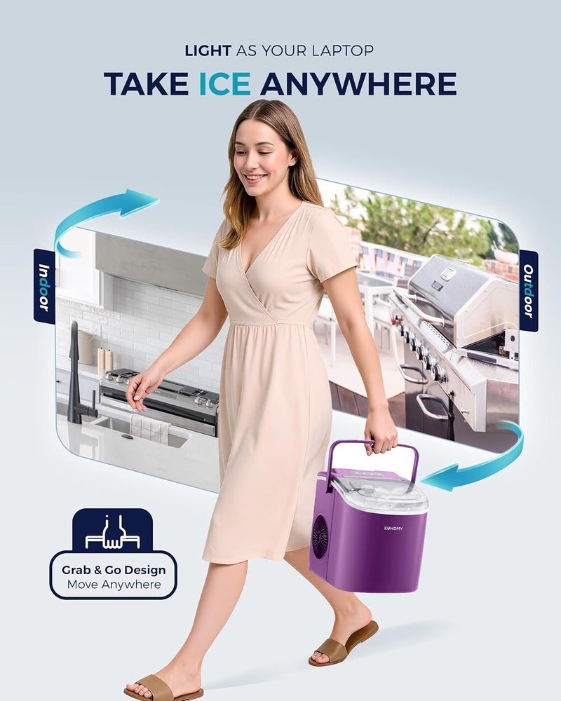 EUHOMY Countertop Ice Maker Machine with Handle, 26lbs Per Day, 9 Ice Cubes Ready in 6 Mins, Auto-Cleaning Portable Ice Maker with Basket and Scoop, for Home/Kitchen/Camping/RV (Purple) - Image 4